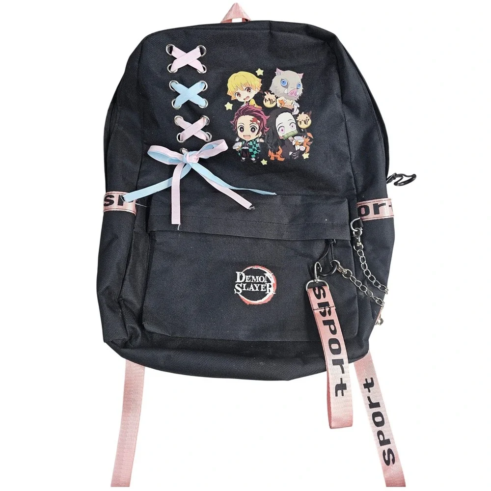 Demon Slayer Anime Backpack Black Pink Lace Up USB Port Tanjiro Nezuko Chibi